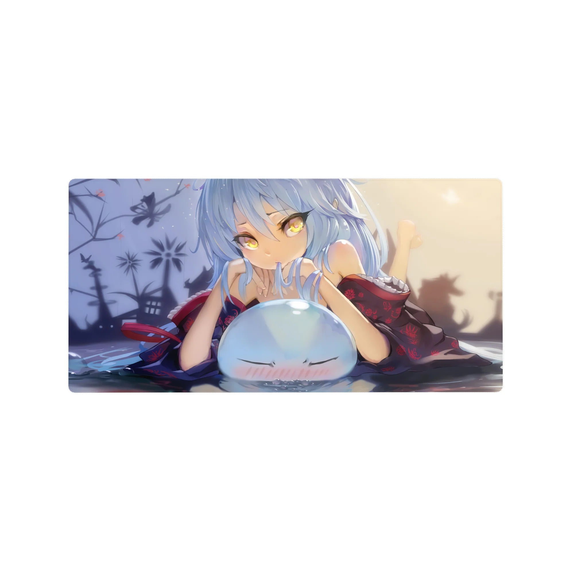 32x16 inches anime girl mouse pad with kimono beauty, butterflies, and a cute blushing slime on desk.