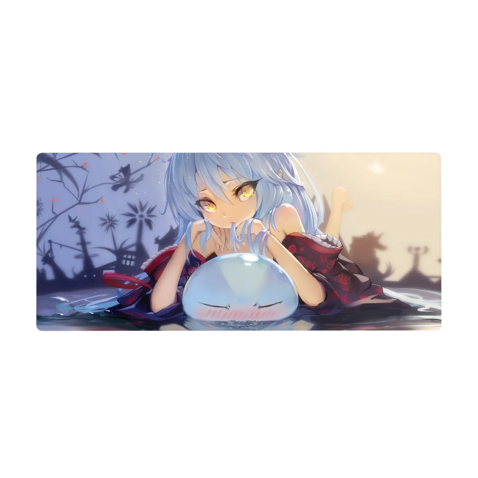 36x16 inches anime girl desk pad with blue hair, golden eyes, kimono florals, butterflies, and slime.