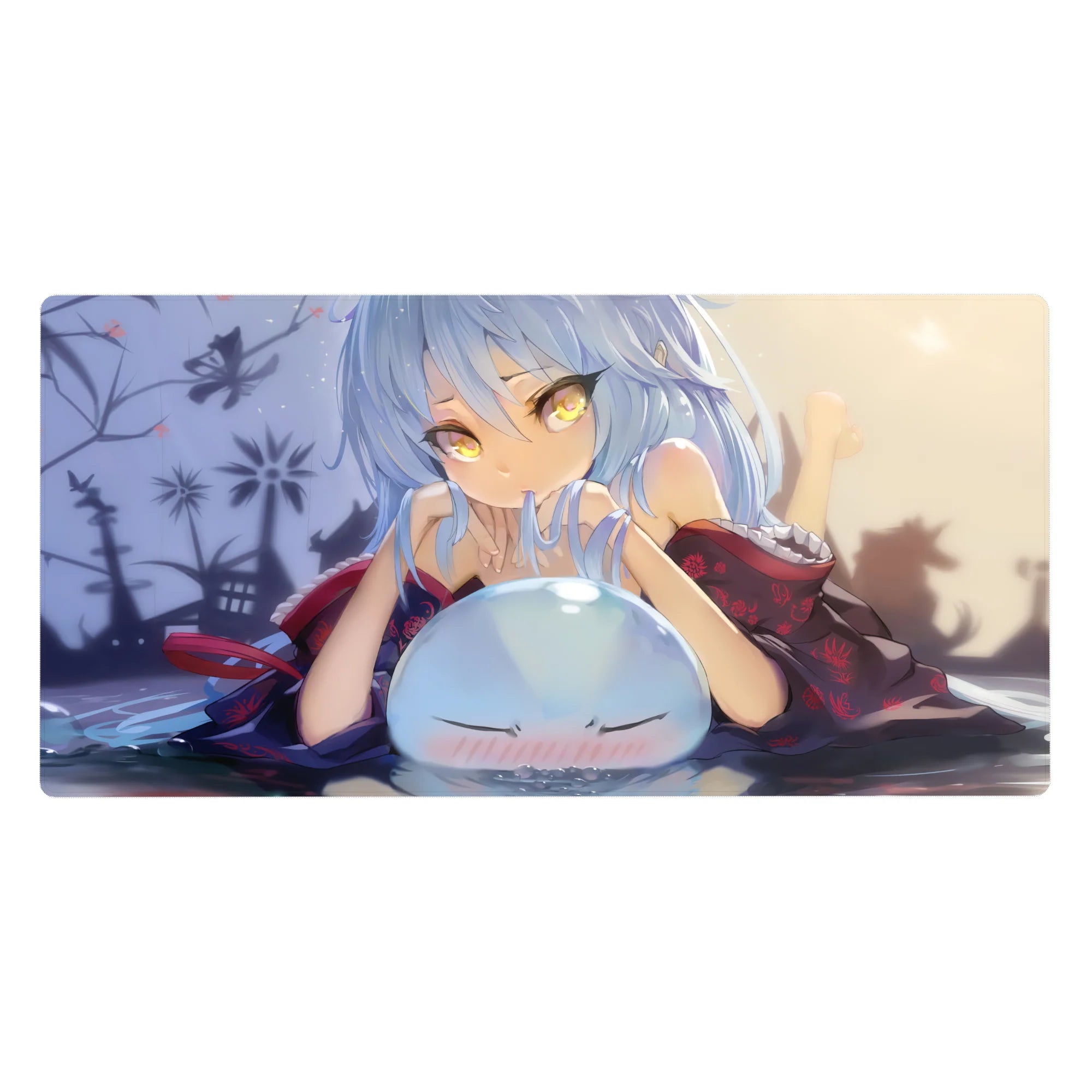 Anime girl desk pad 40x20 inches with kimono, butterflies, garden shadows, and cute blushing slime.