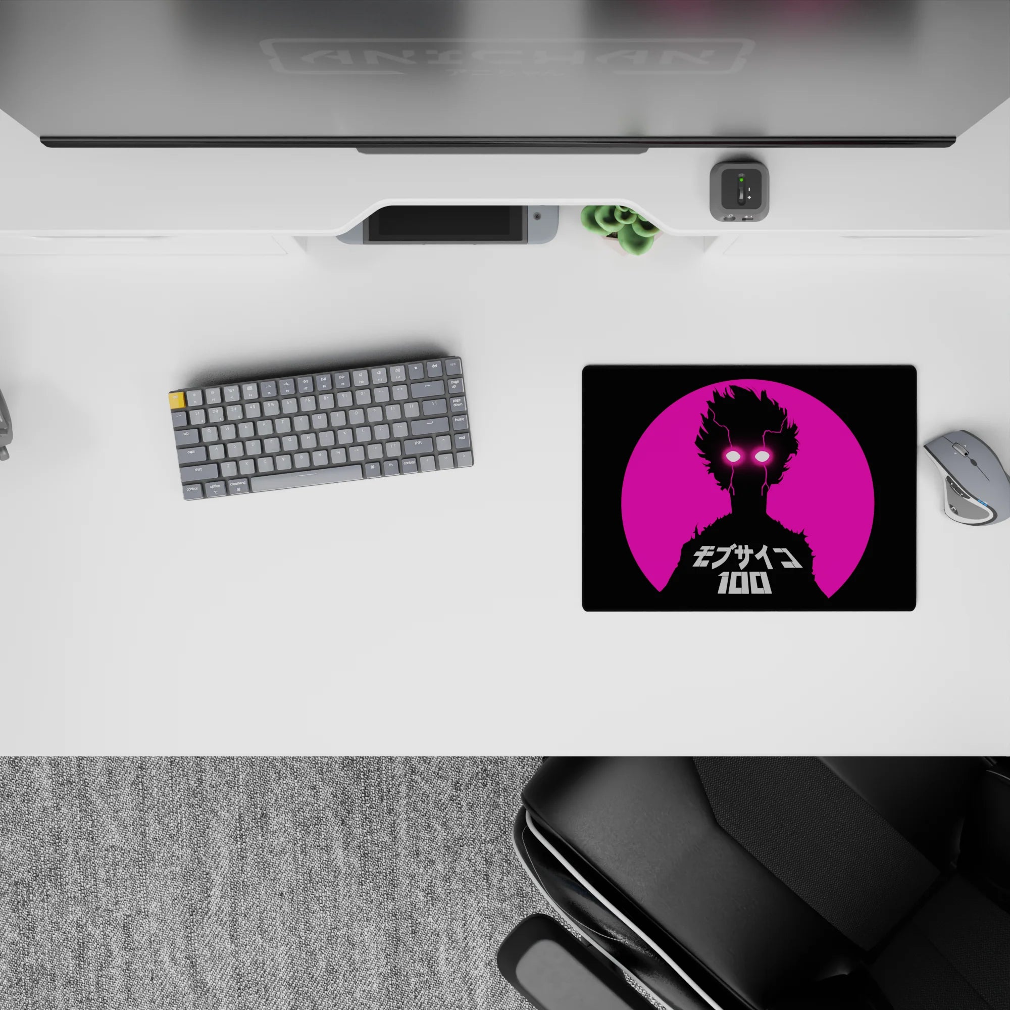 Neon pink sunset vibe anime mouse pad 14x10 inches, high-contrast black figure and glowing white eyes.