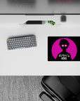 Neon pink sunset vibe anime mouse pad 14x10 inches, high-contrast black figure and glowing white eyes.