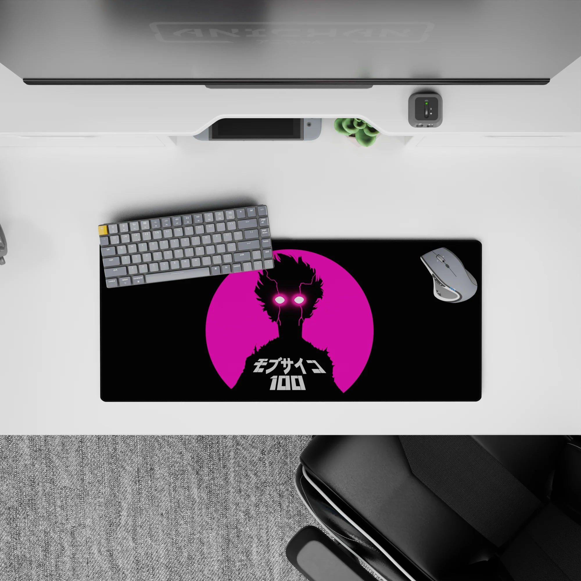 Bold neon pink and black anime mouse pad 28x12 inches with electric white eyes, city sunset vibe.