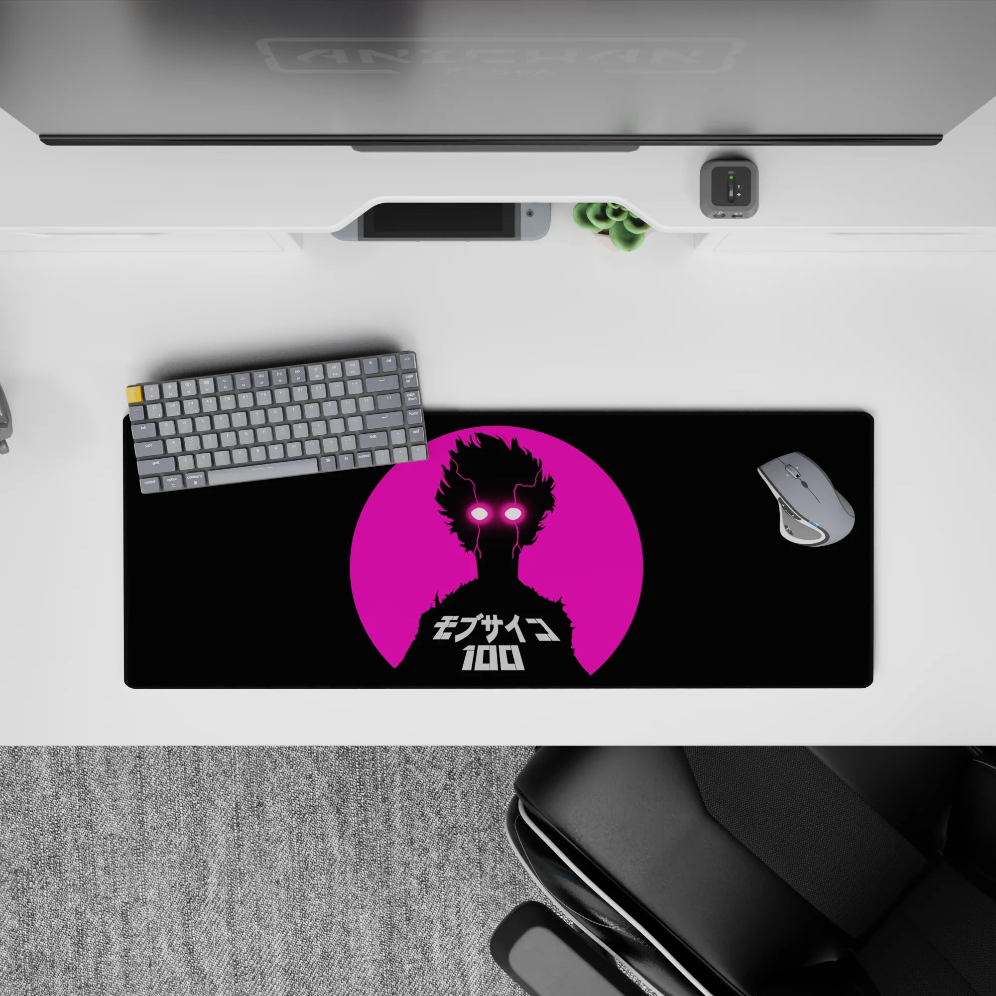 32x12 inches retro-future anime mouse pad in neon pink and black, bold city-sunset vibe, high contrast.