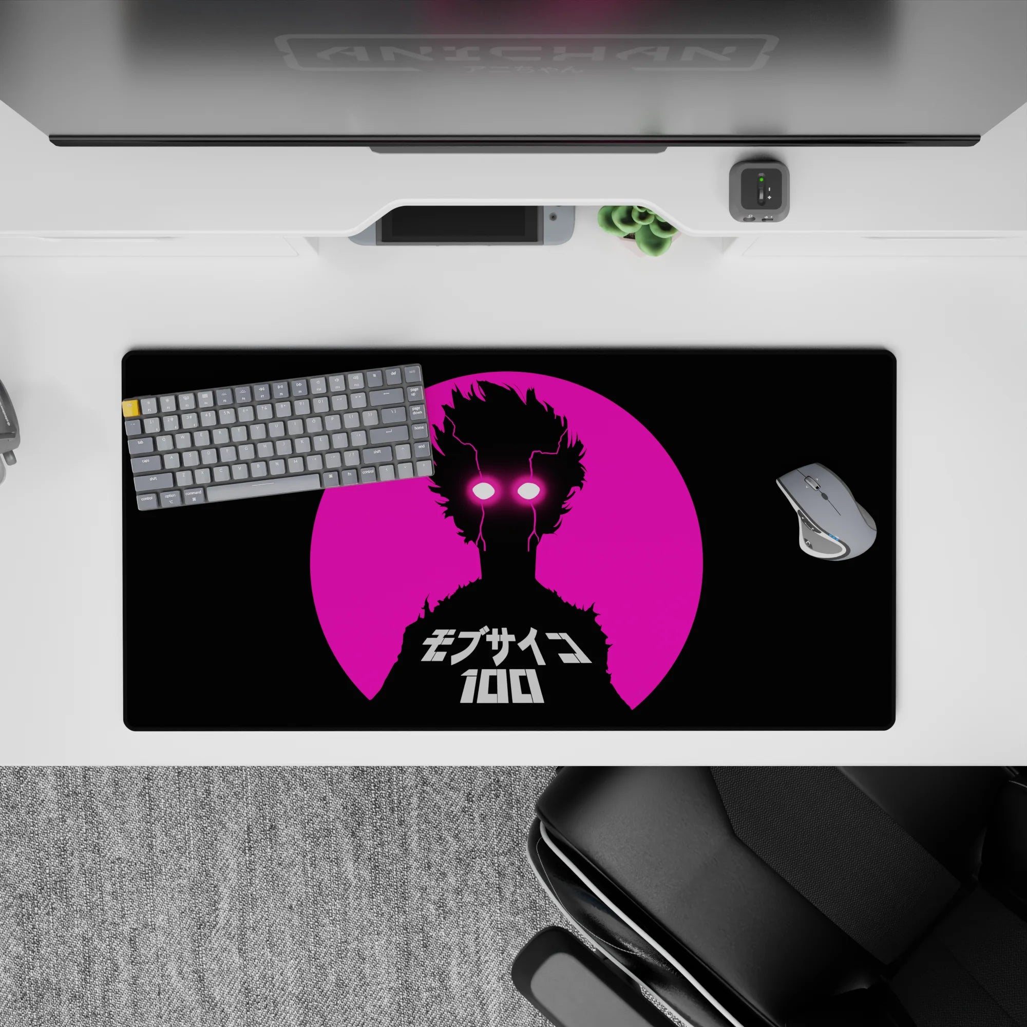 Retro-future anime mouse pad 32x16 inches in neon pink and black, bold high-contrast city-sunset vibe.