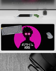 Retro-future anime mouse pad 32x16 inches in neon pink and black, bold high-contrast city-sunset vibe.