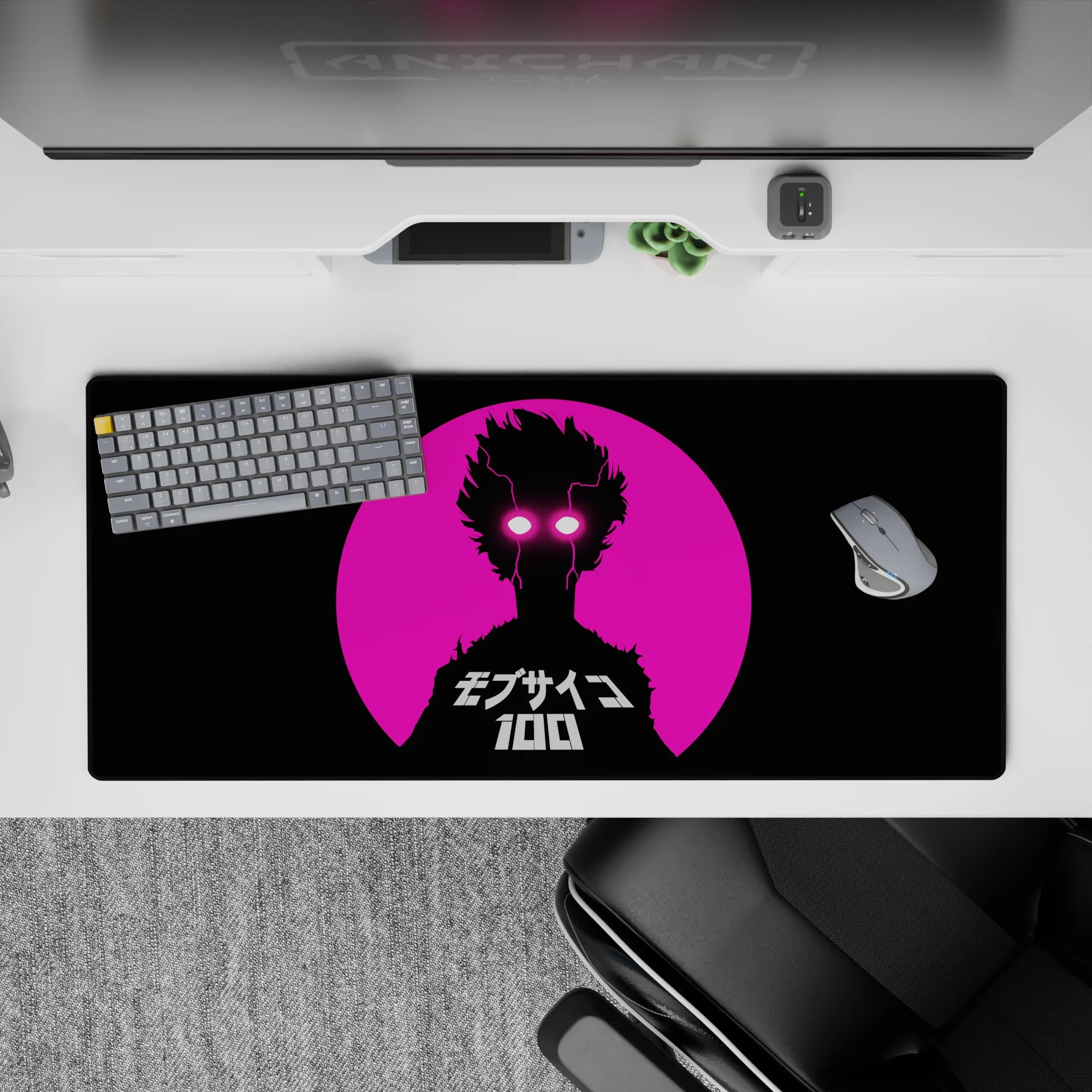 36x16 inches neon pink and black anime desk pad, retro-future vibe with glowing white lightning eyes.