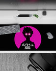 36x16 inches neon pink and black anime desk pad, retro-future vibe with glowing white lightning eyes.