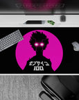 40x20 inches retro-future anime desk pad in neon pink and black, city-sunset glow with white lightning eyes.