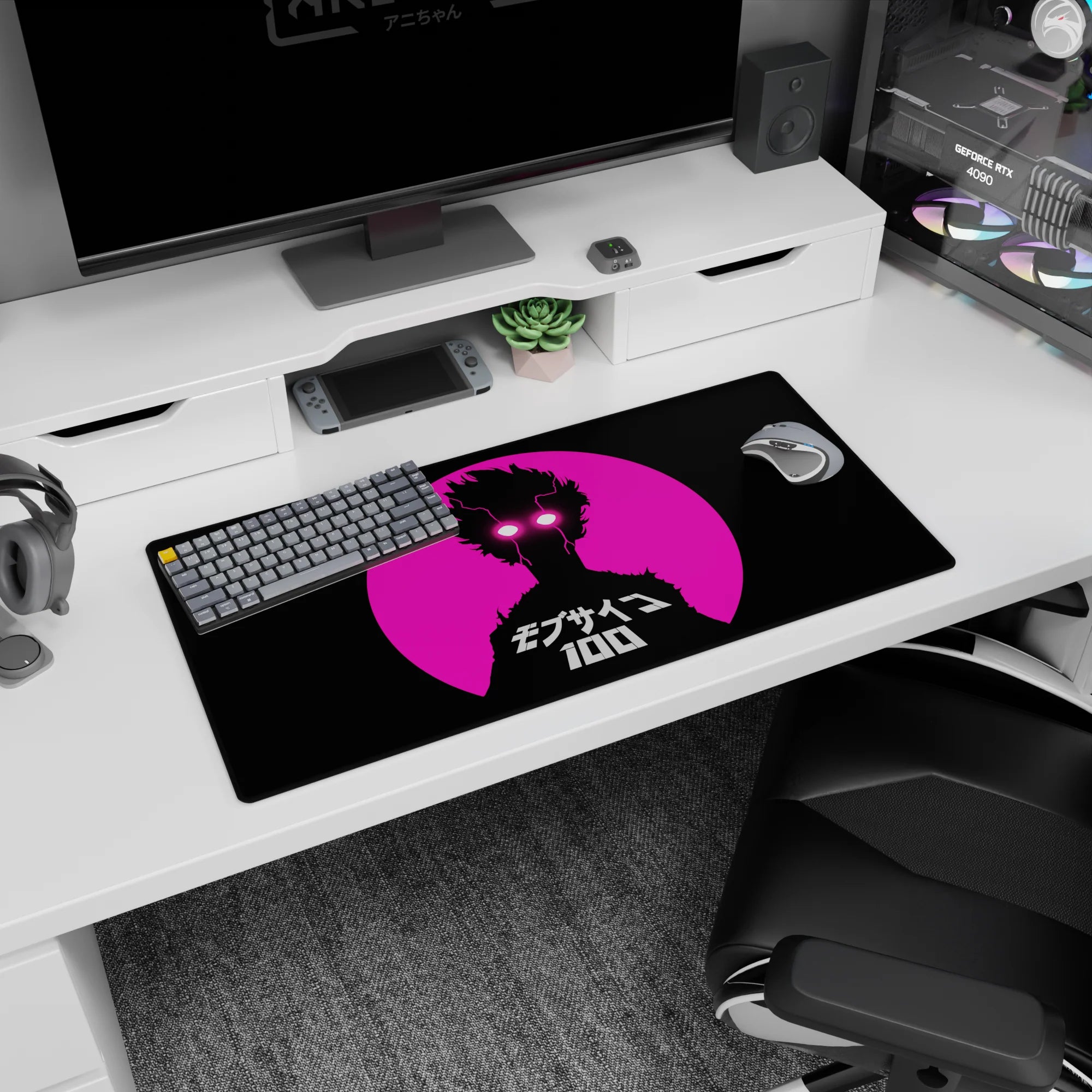 Anime mouse pad 32x16 inches featuring a spiky-haired silhouette with glowing white lightning eyes and kanji.