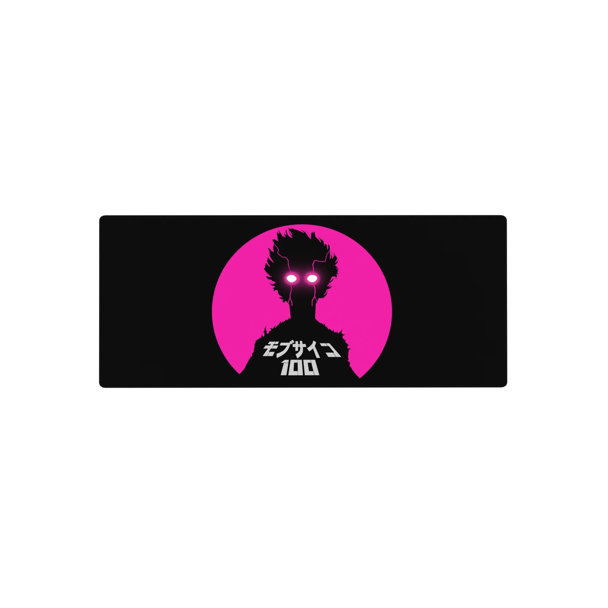 Retro-future anime mouse pad 28x12 inches with neon pink sun, black silhouette, and Japanese lettering.