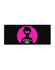 Retro-future anime mouse pad 28x12 inches with neon pink sun, black silhouette, and Japanese lettering.