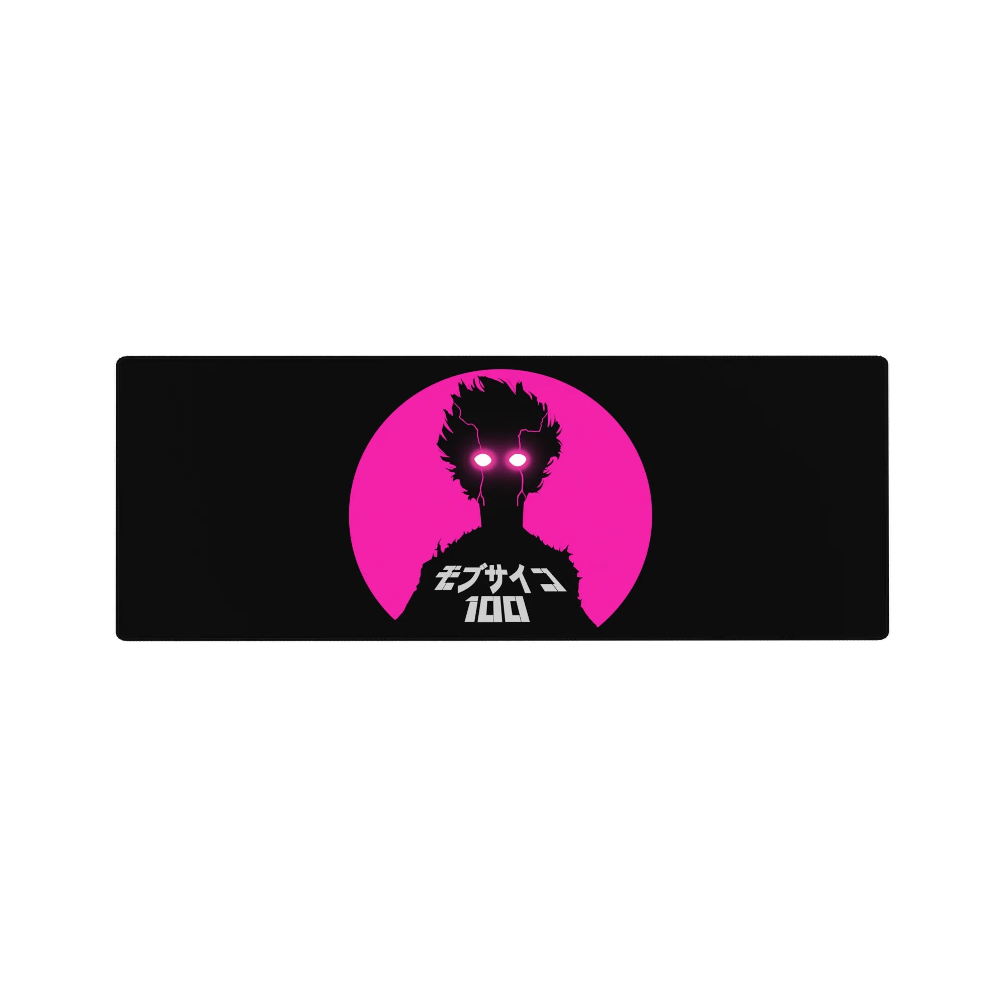 32x12 inches anime mouse pad with neon pink circle, black silhouette face, white lightning eyes, Japanese text.