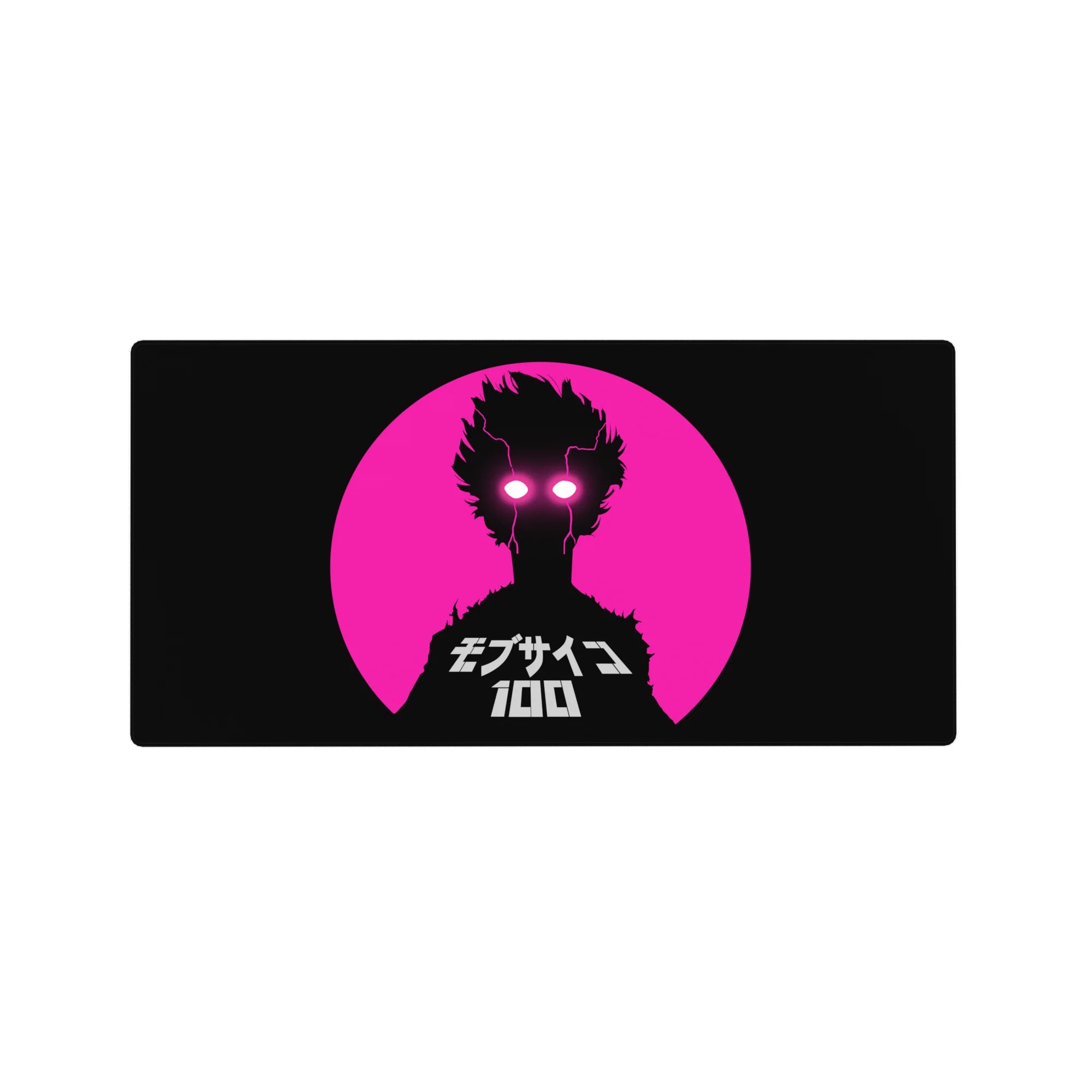 Anime mouse pad 32x16 inches with neon pink circle, black silhouette, white lightning eyes, Japanese text.