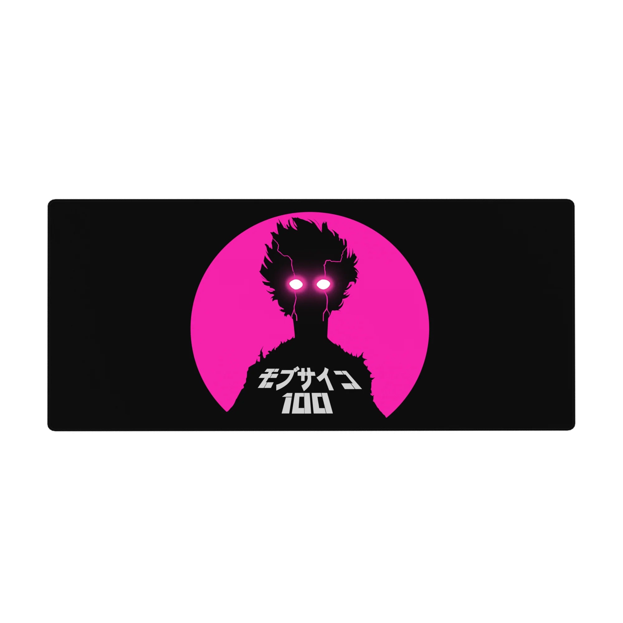36x16 inches anime desk pad with neon pink circle, black silhouette, lightning eyes, and Japanese lettering.