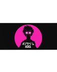 36x16 inches anime desk pad with neon pink circle, black silhouette, lightning eyes, and Japanese lettering.
