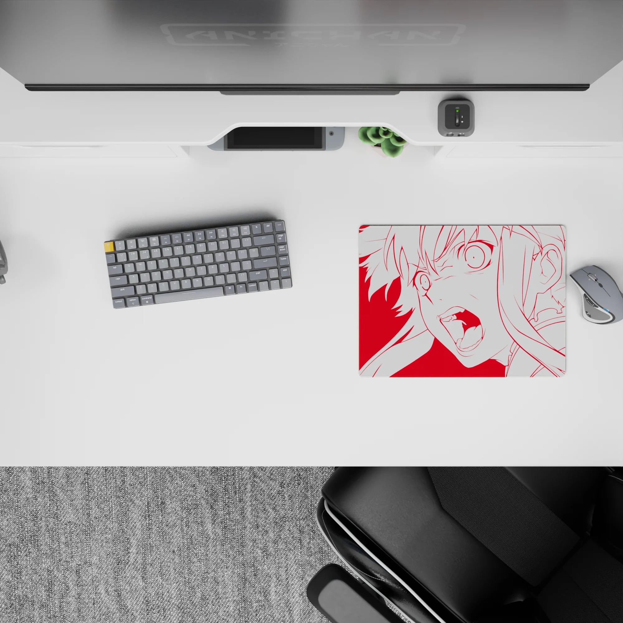 Red and white anime mouse pad 14x10 inches, loud electric vibe with bold shout and clean minimalist print.