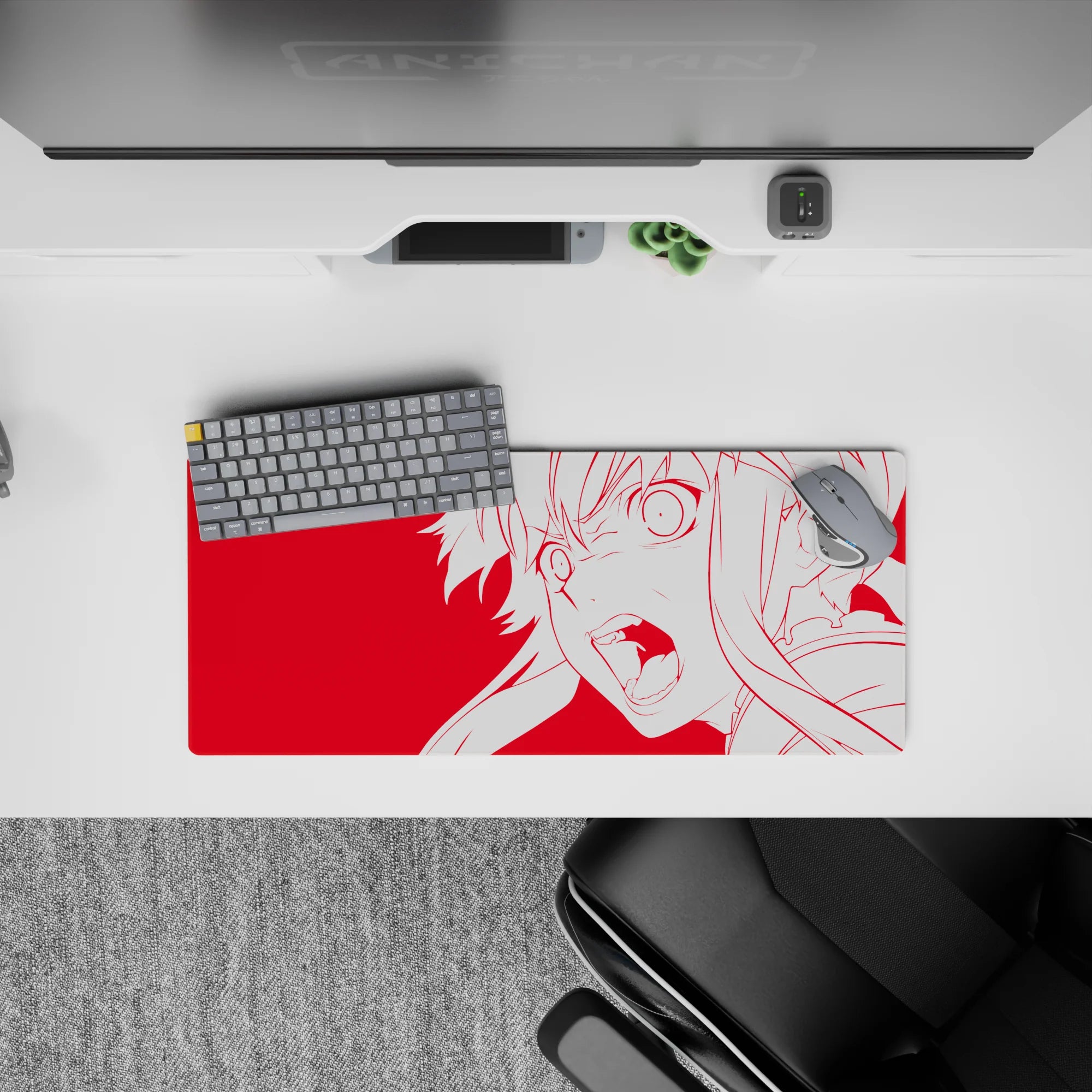 28x12 inches red anime desk mat with crisp white outline art, loud energetic vibe for gaming or work.