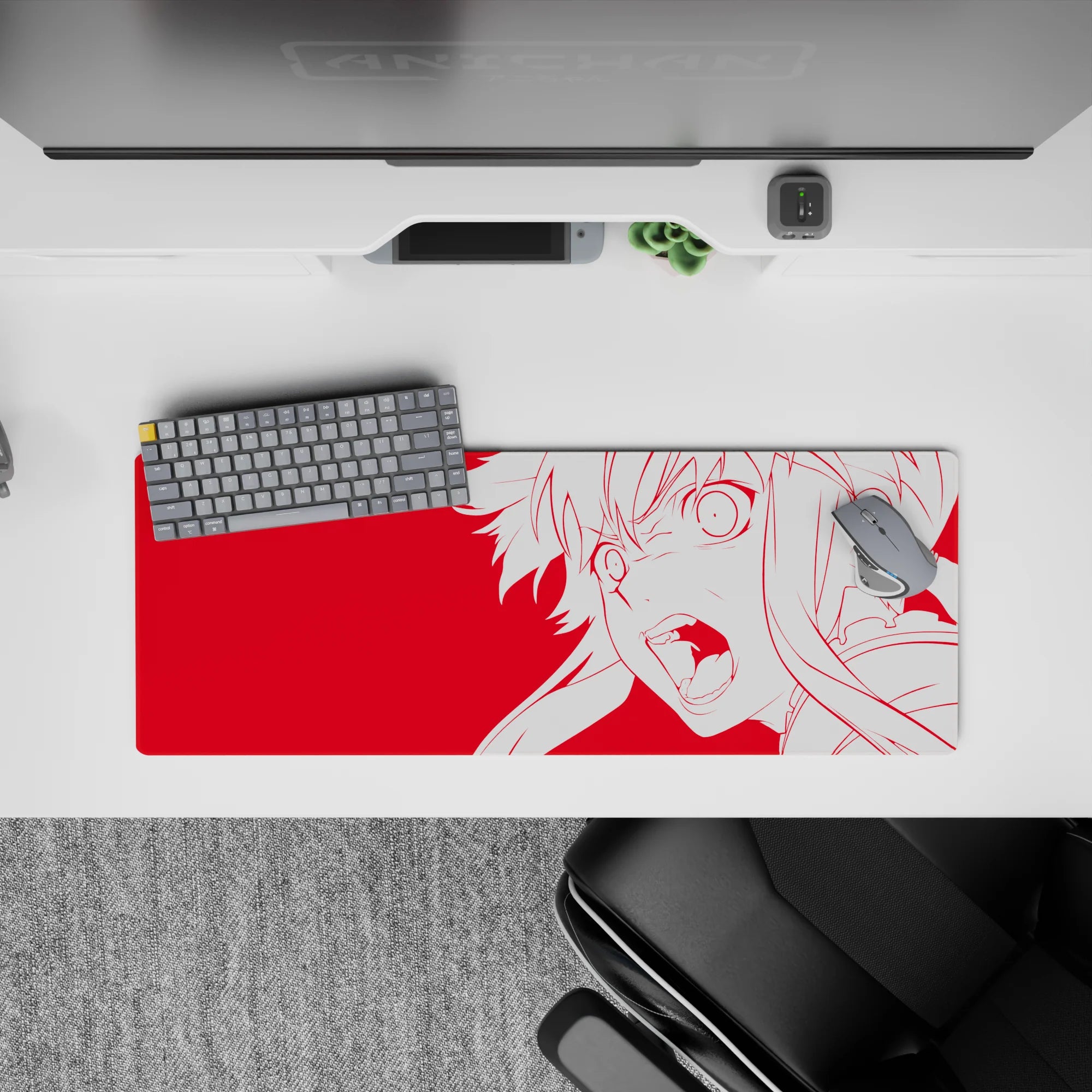 32x12 inches long mouse pad in hot red with clean white anime outline, loud and electric vibe.