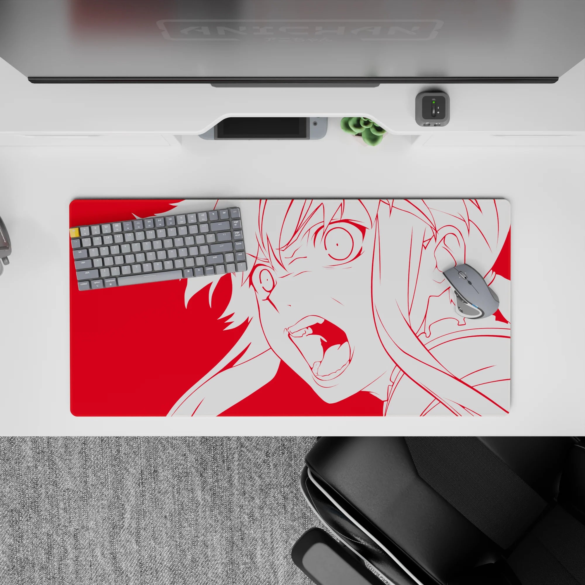 32x16 inches anime girl mouse pad in hot red with crisp white outlines, fast electric vibe for gaming setups.