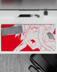 32x16 inches anime girl mouse pad in hot red with crisp white outlines, fast electric vibe for gaming setups.