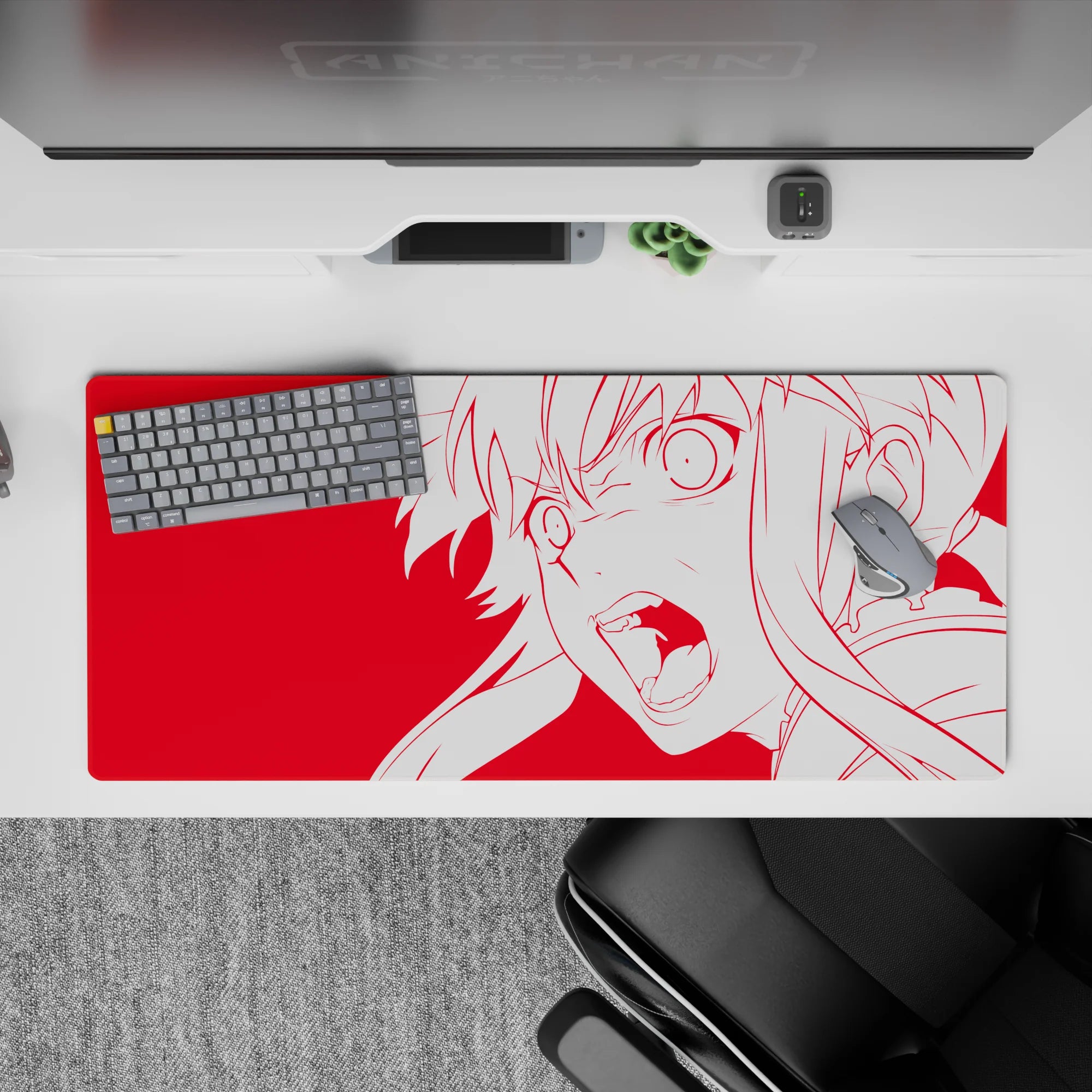 Red anime desk pad 36x16 inches, loud electric vibe with clean white outlines and sharp attitude.
