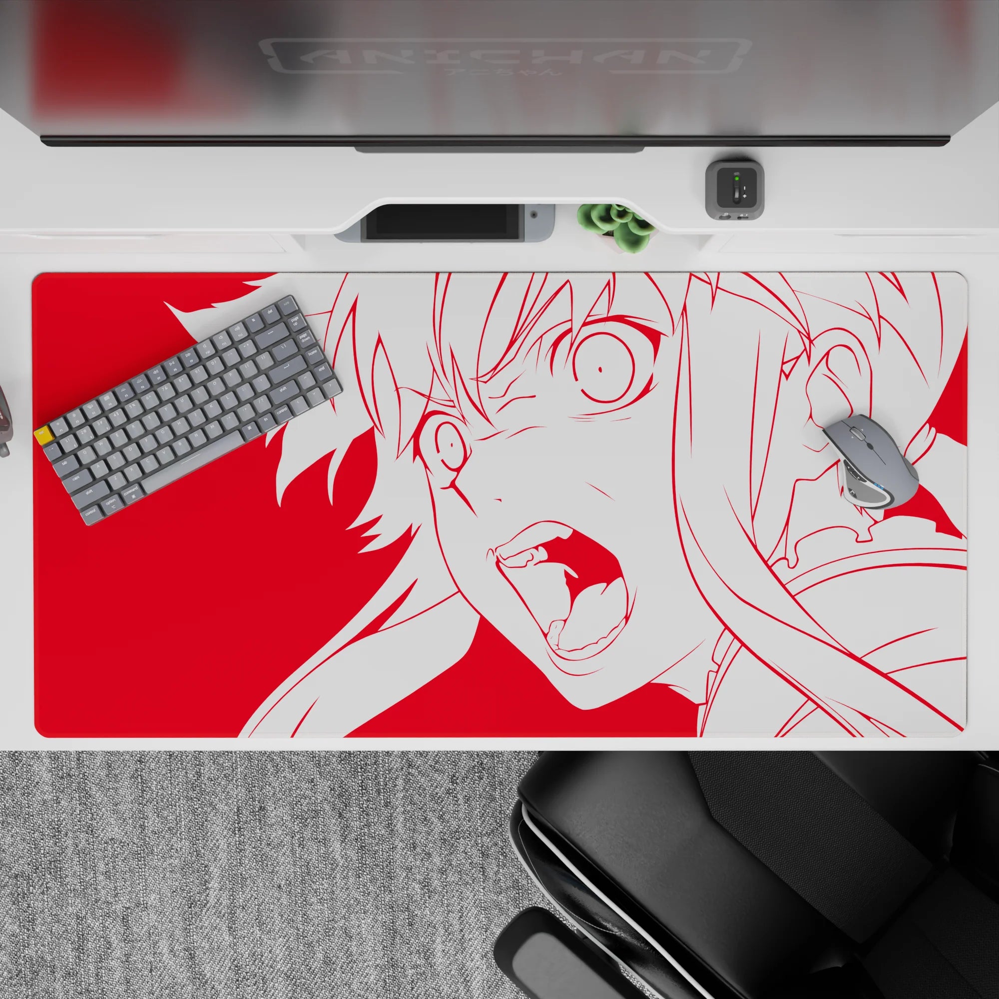 Red anime desk pad 40x20 inches with loud, electric vibe and crisp minimalist white outline.