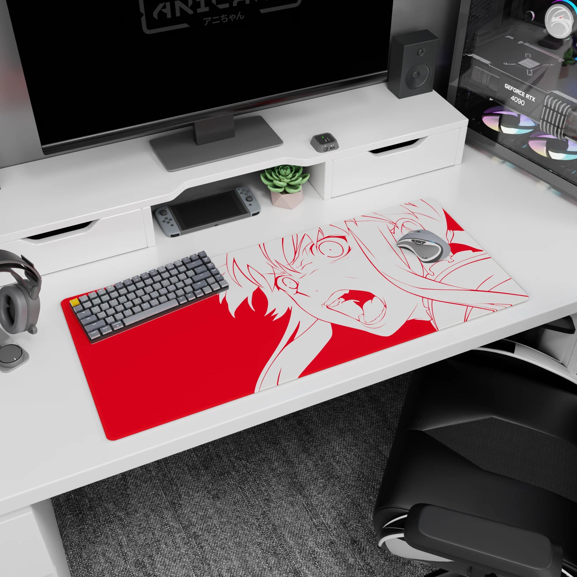 Asuna Sword Art Online desk pad 36x16 inches, shouting pose on hot red background with flying hair.