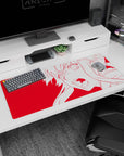 Asuna Sword Art Online desk pad 36x16 inches, shouting pose on hot red background with flying hair.