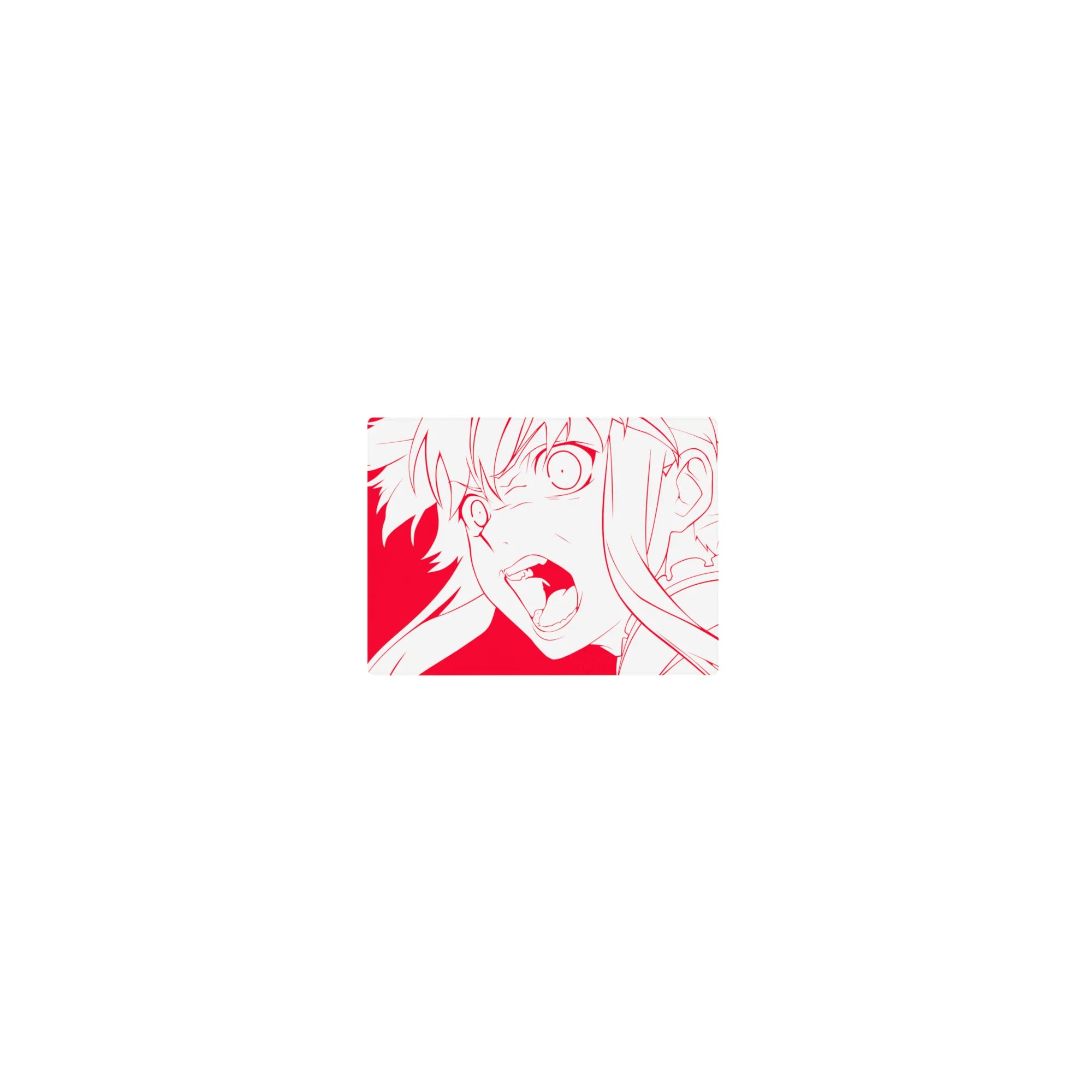 Classic anime girl mouse pad 14x10 inches with white line art, fierce eyes, and flowing hair on red.