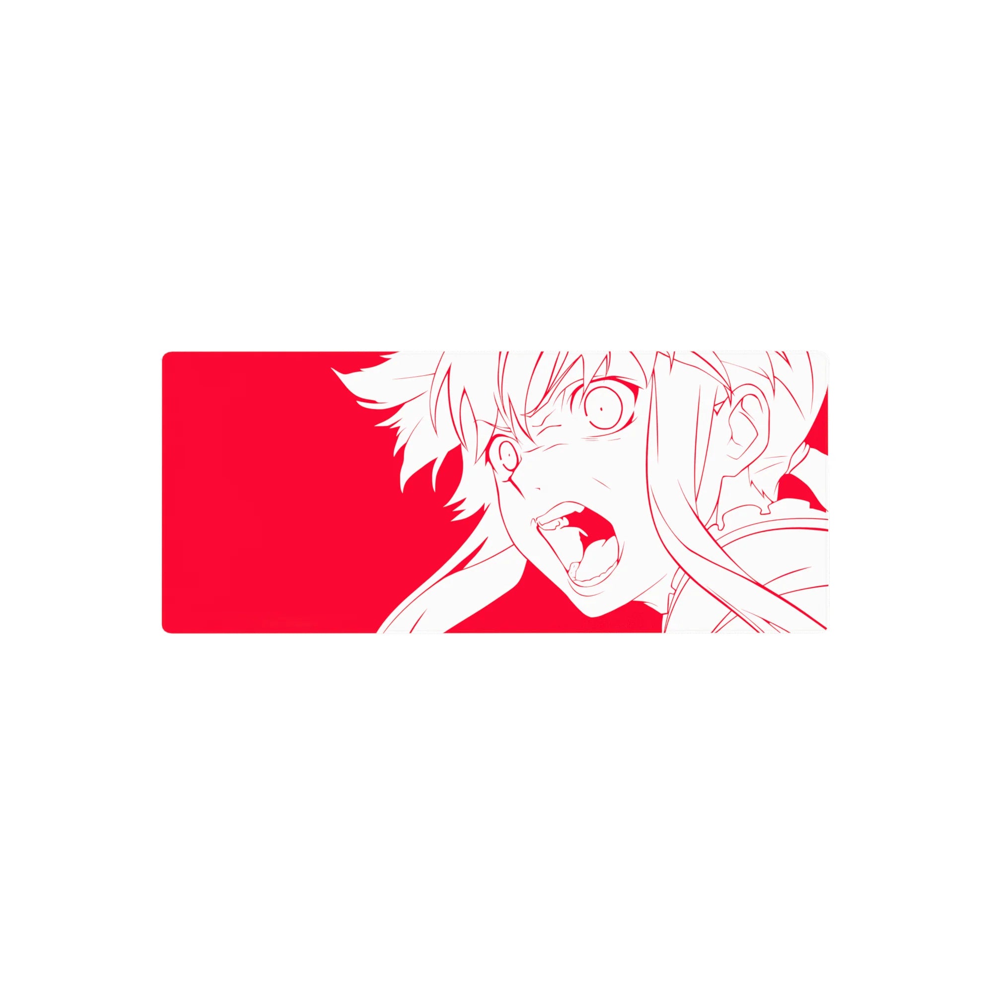 28x12 inches anime girl mouse pad with Asuna line art on red background, bold eyes and flowing hair.