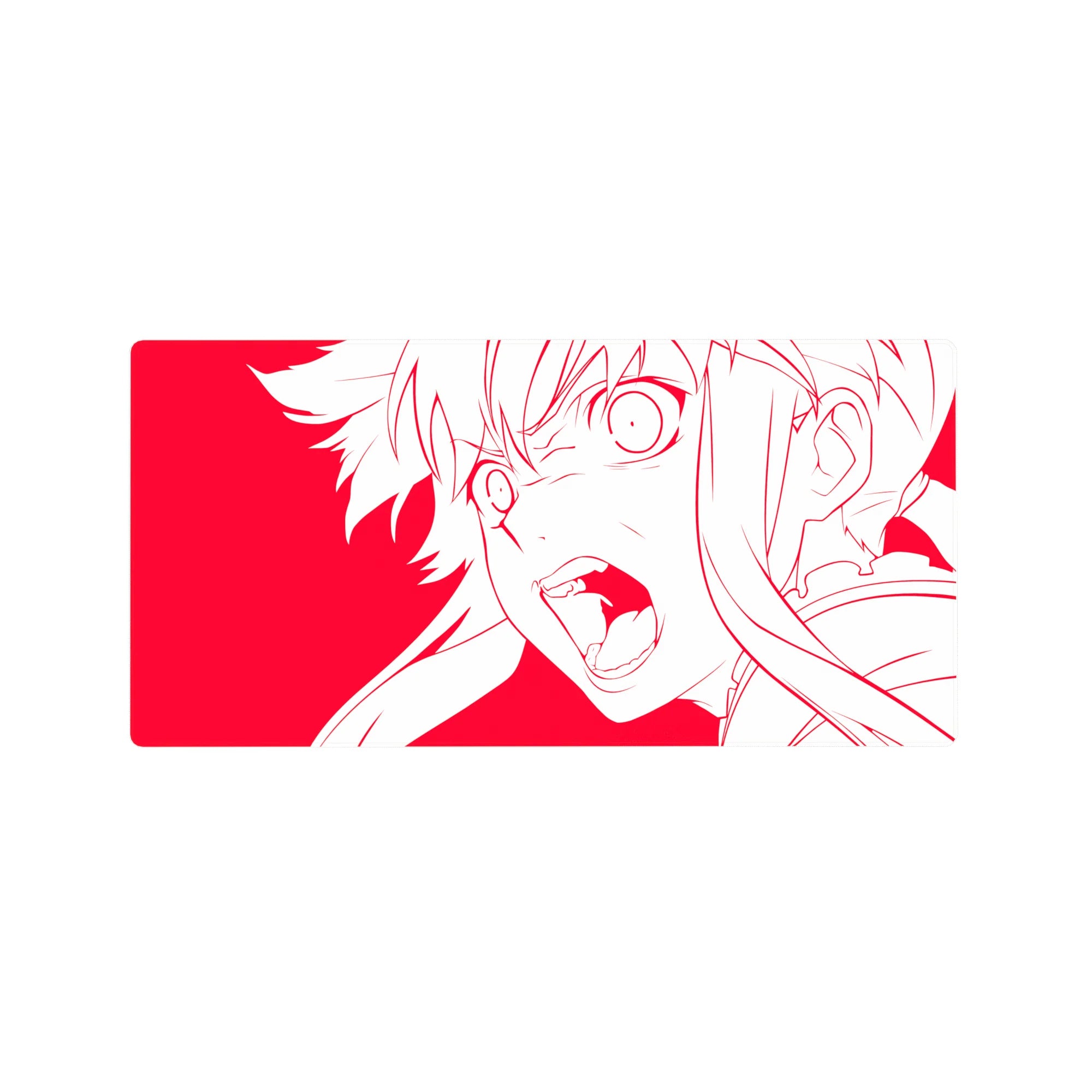 32x16 inches anime girl mouse pad with Asuna line art, fierce shout pose, clean white on red backdrop.