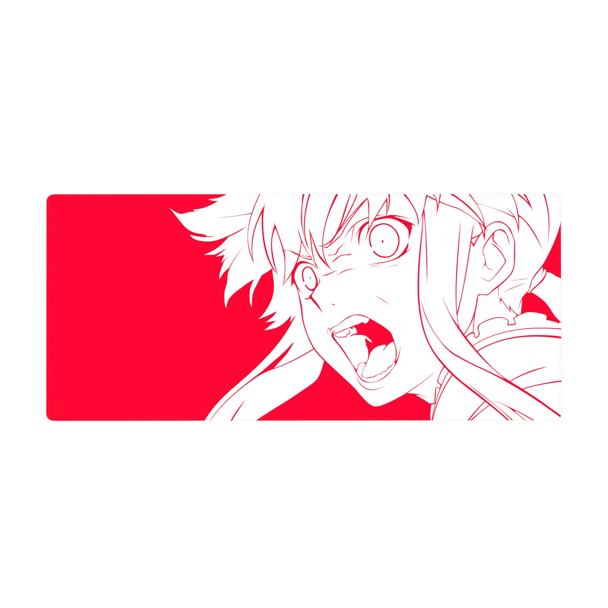 Anime girl desk pad 36x16 inches with bold white line art, fierce eyes, and flowing hair on red.