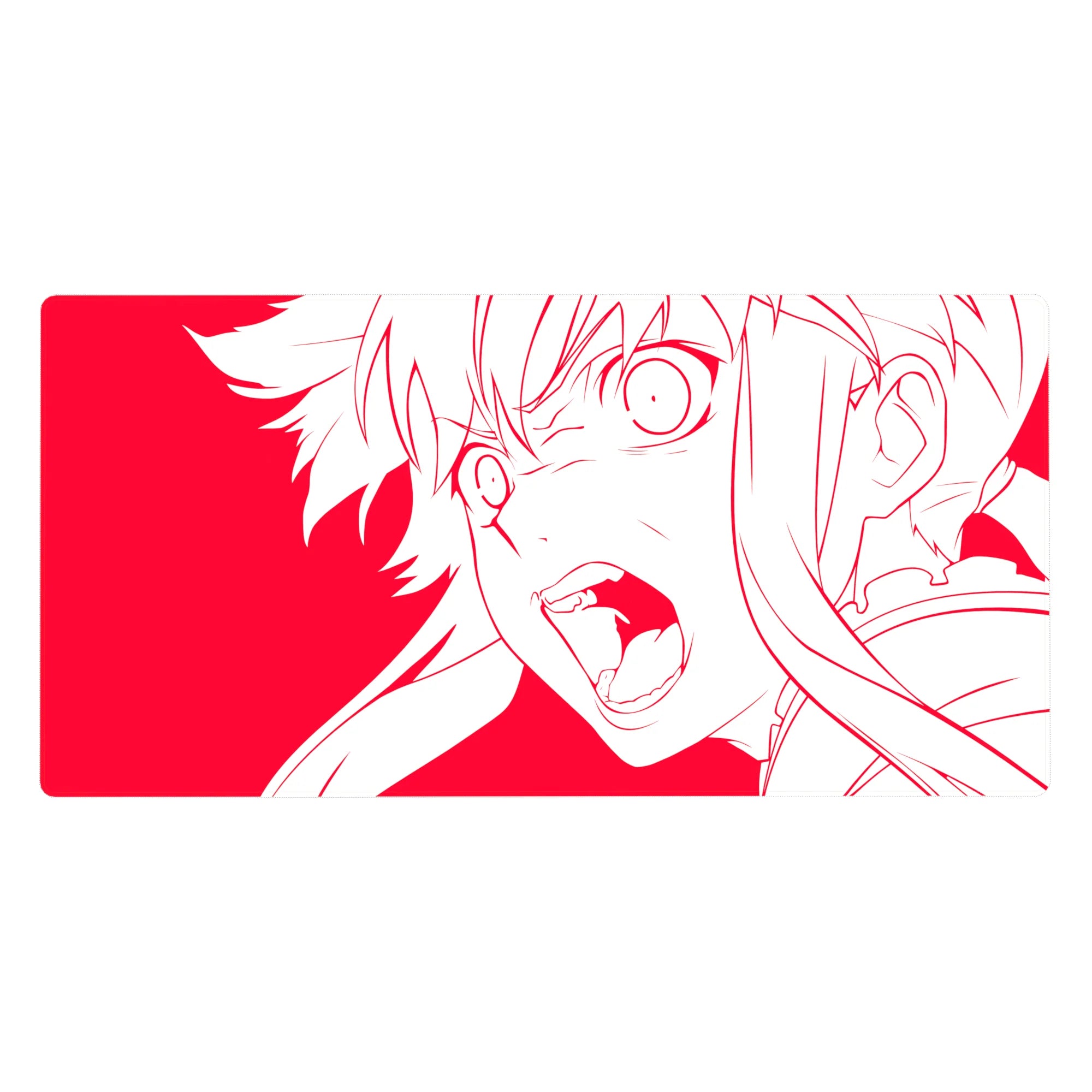Anime girl desk pad 40x20 inches with bold white line art on red, sharp eyes and flowing hair.