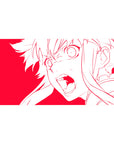 Anime girl desk pad 40x20 inches with bold white line art on red, sharp eyes and flowing hair.
