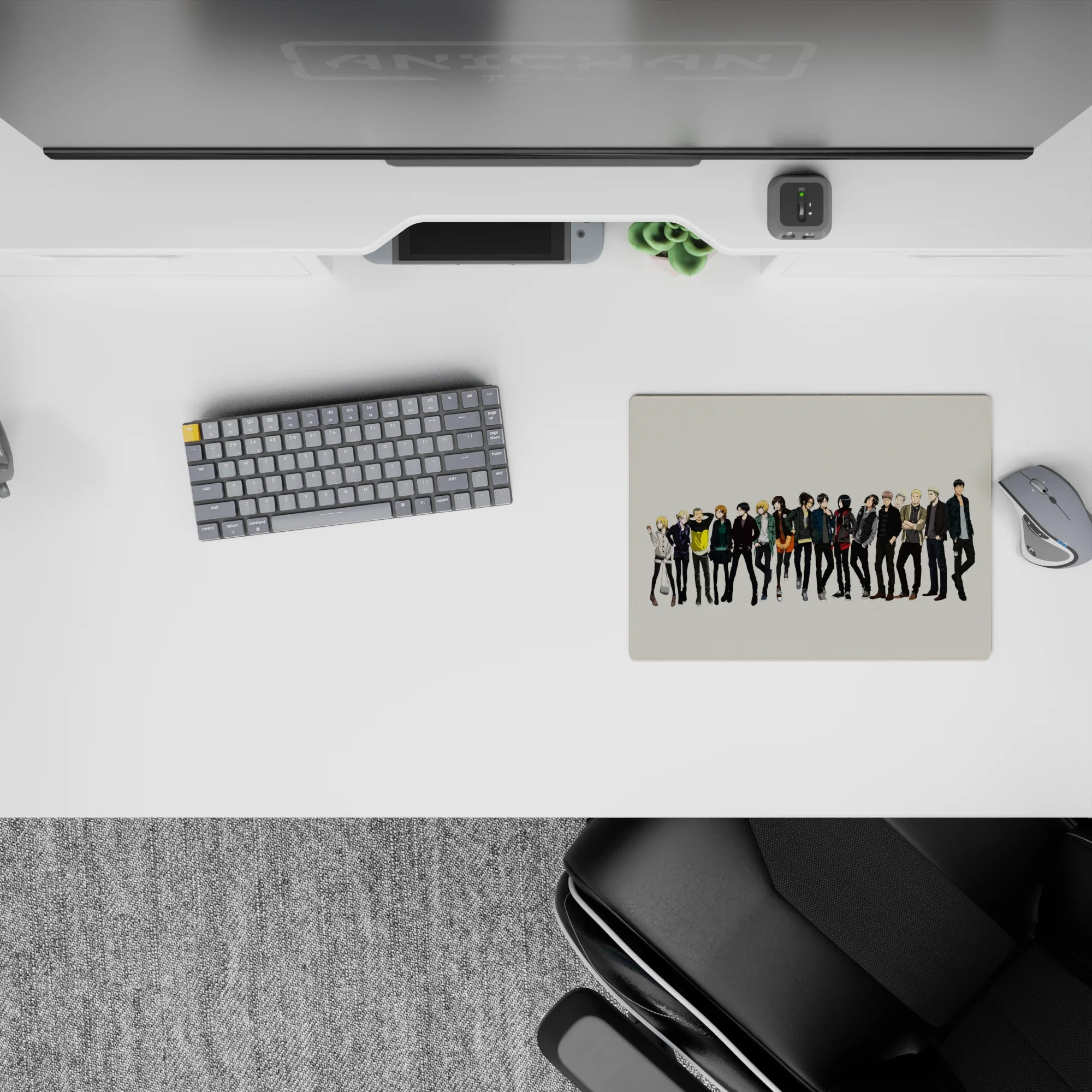 Attack on Titan anime mouse pad 14x10 inches featuring Mikasa, Levi, and Sasha in stylish casual wear, perfect for desks.