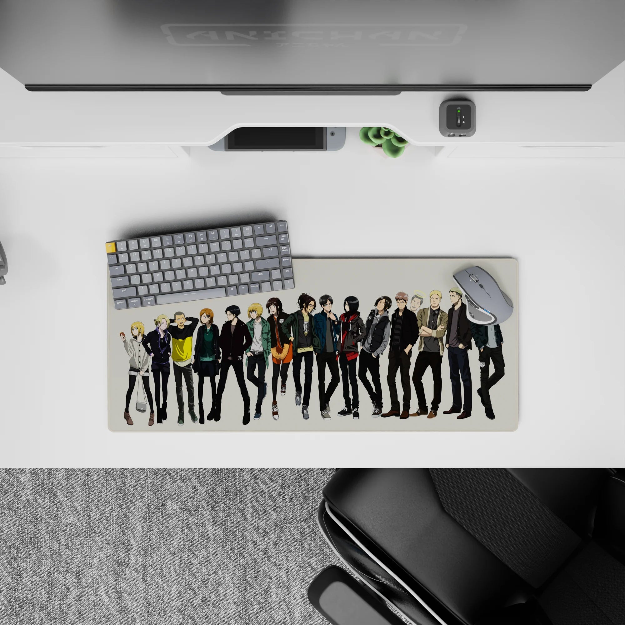 Attack on Titan mouse pad 28x12 inches featuring Mikasa, Levi, and Sasha in casual wear, perfect for anime fans.