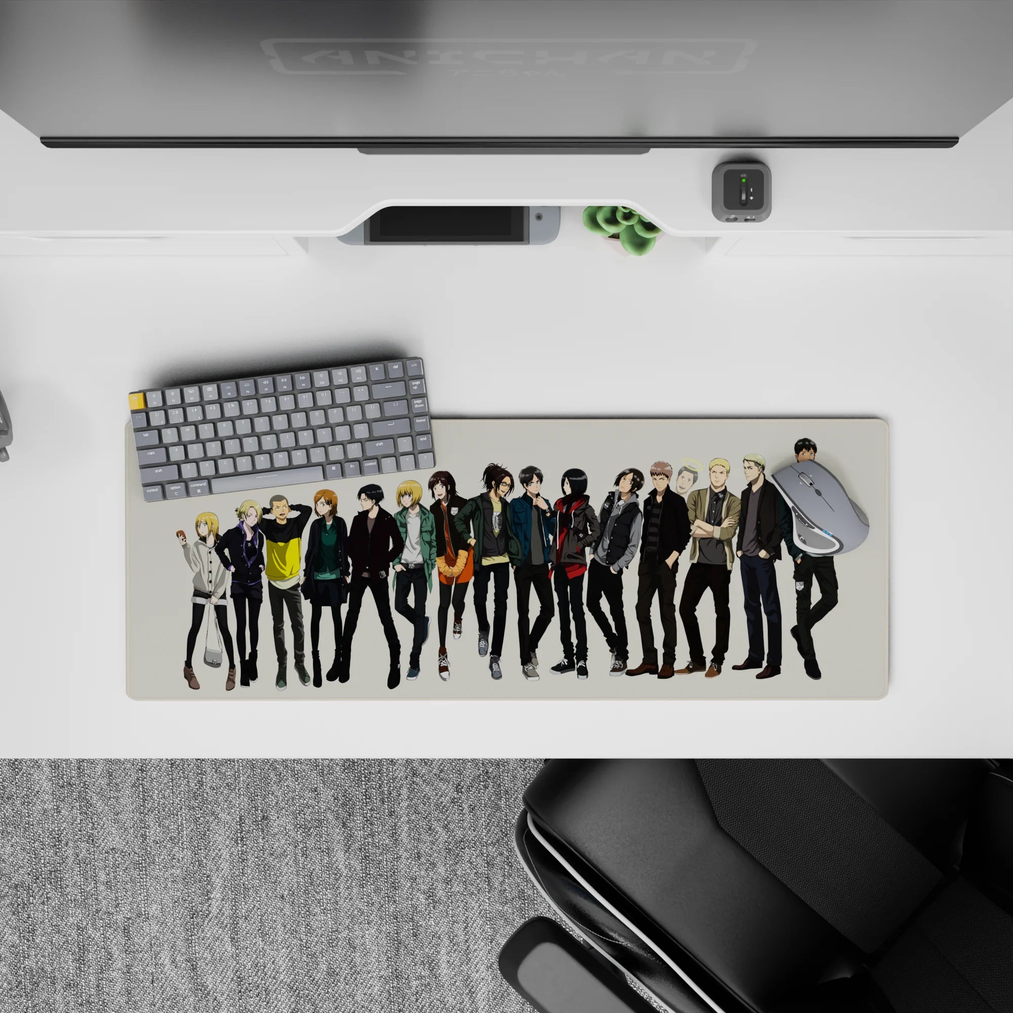 Anime mouse pad 32x12 inches featuring Attack on Titan crew in casual wear, including Mikasa, Levi, and Sasha.