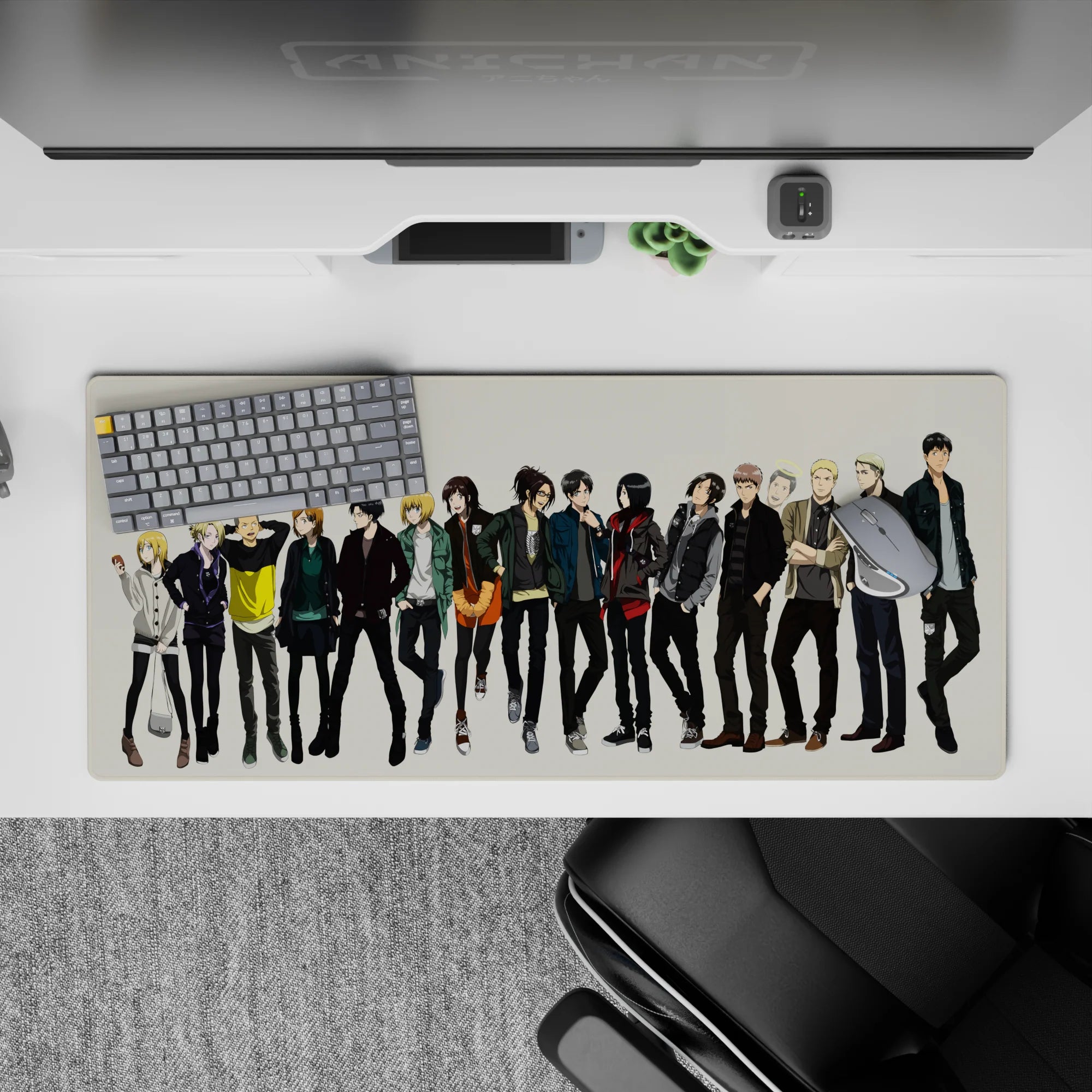 Attack on Titan desk pad 36x16 inches featuring Mikasa, Levi, and Sasha in casual wear, perfect for anime fans.