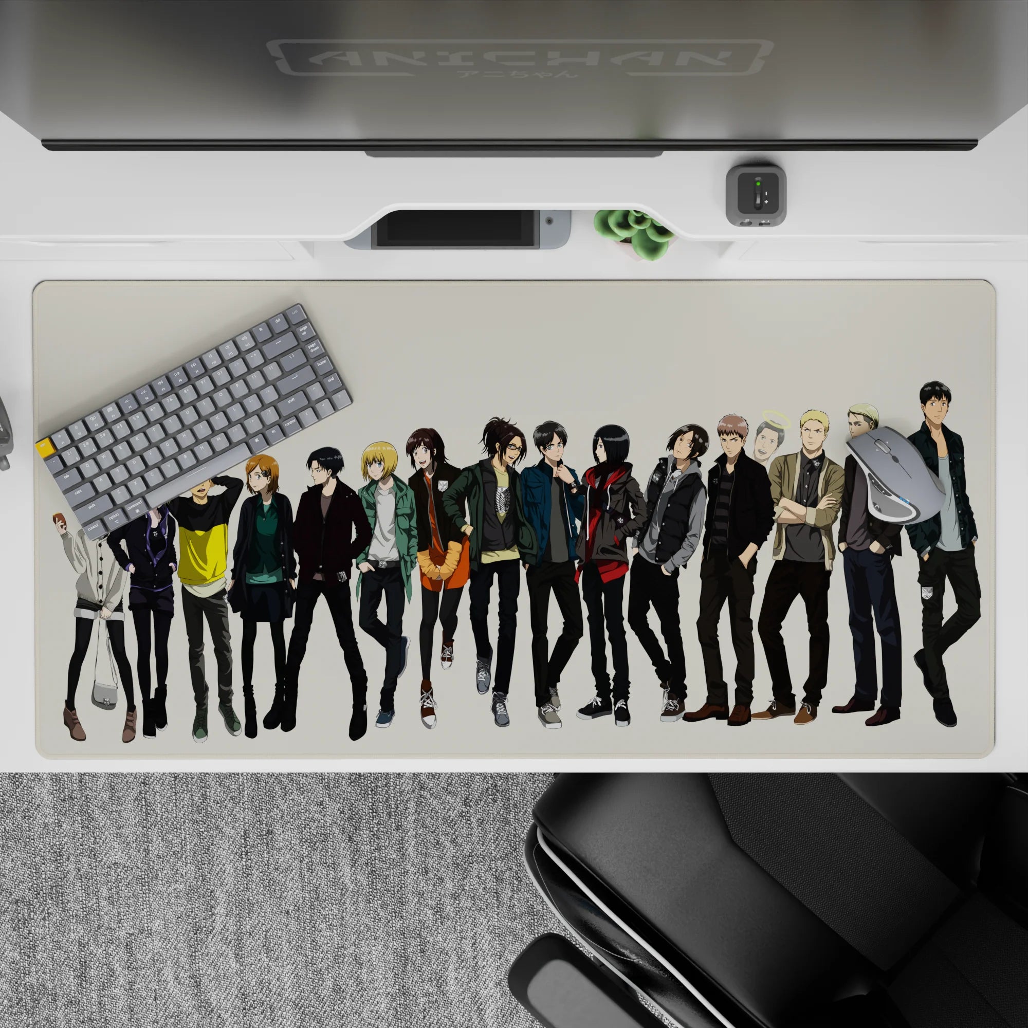 Attack on Titan desk pad 40x20 inches featuring Mikasa, Levi, Sasha in casual wear, perfect for anime fans.