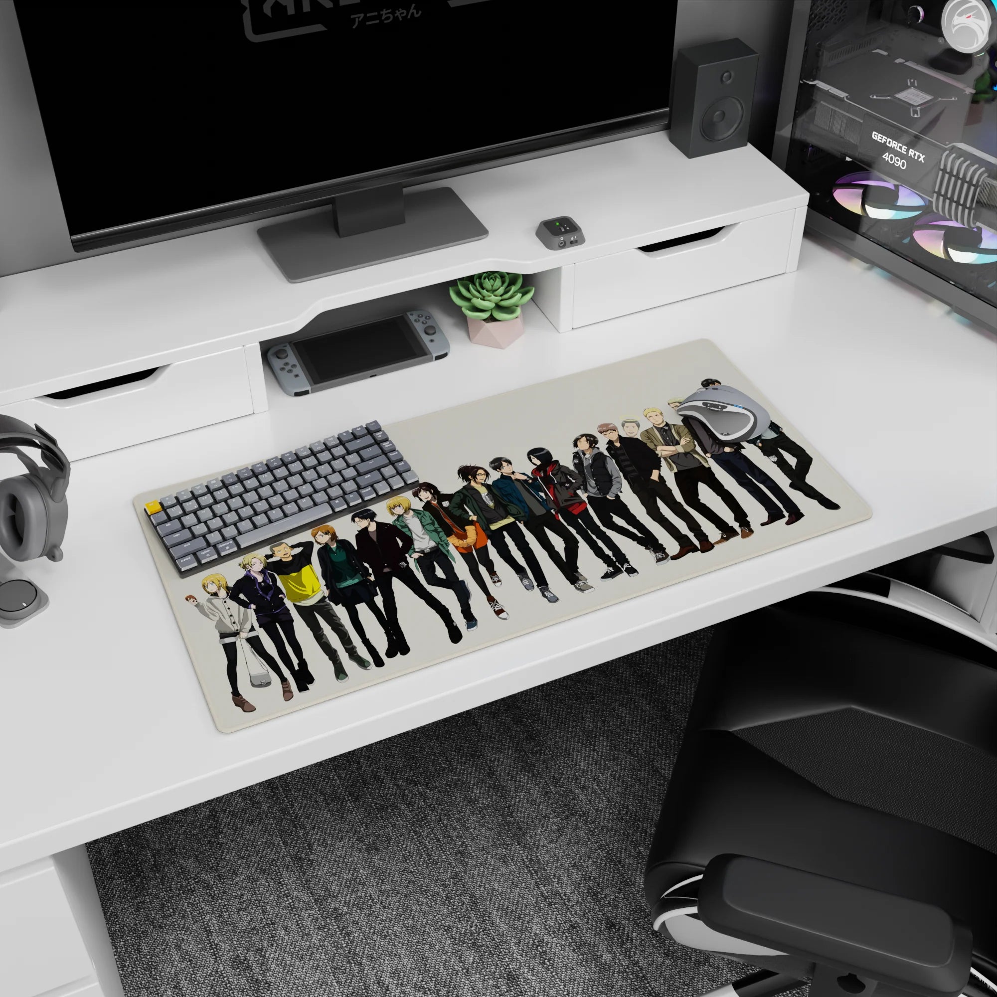 Attack on Titan 32x16 inch mouse pad featuring Mikasa, Levi, and Sasha in casual wear, perfect for anime-themed setups.