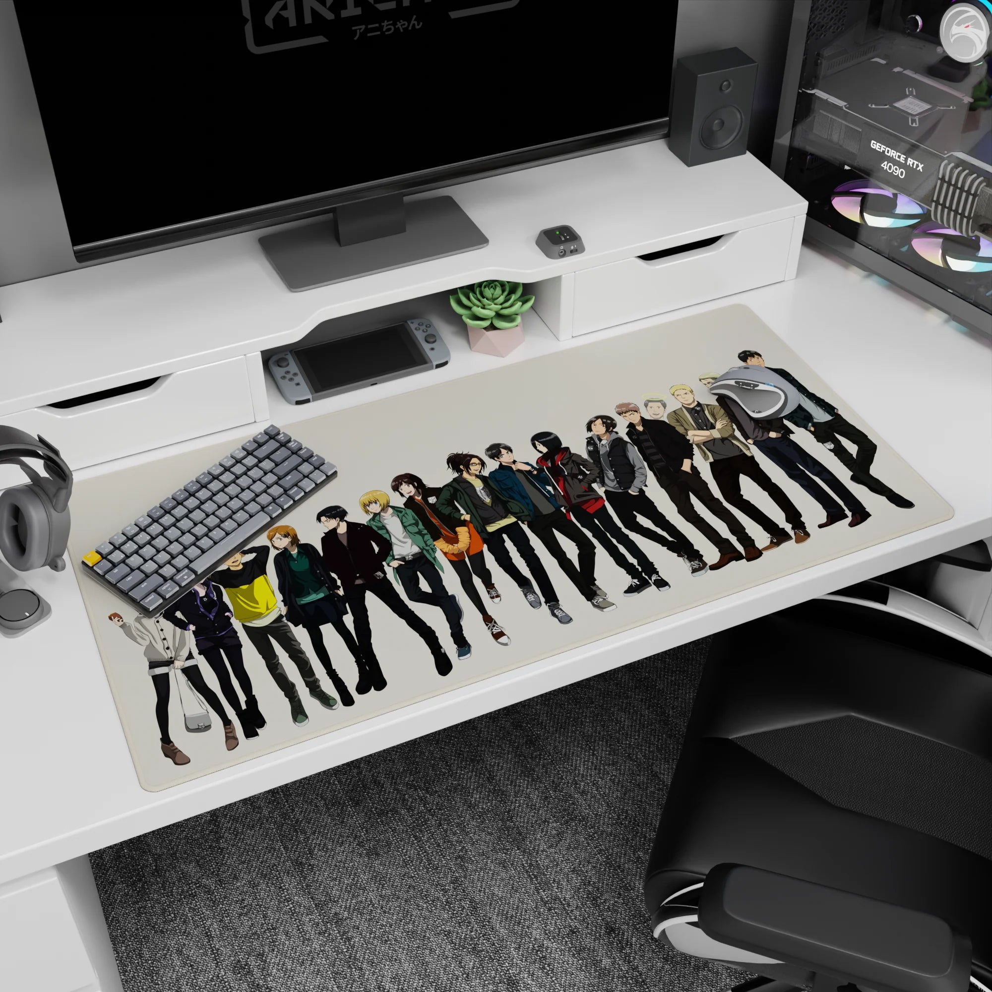 Attack on Titan desk pad 40x20 inches featuring casual Mikasa, Levi, Sasha, and squad, perfect for anime fans.