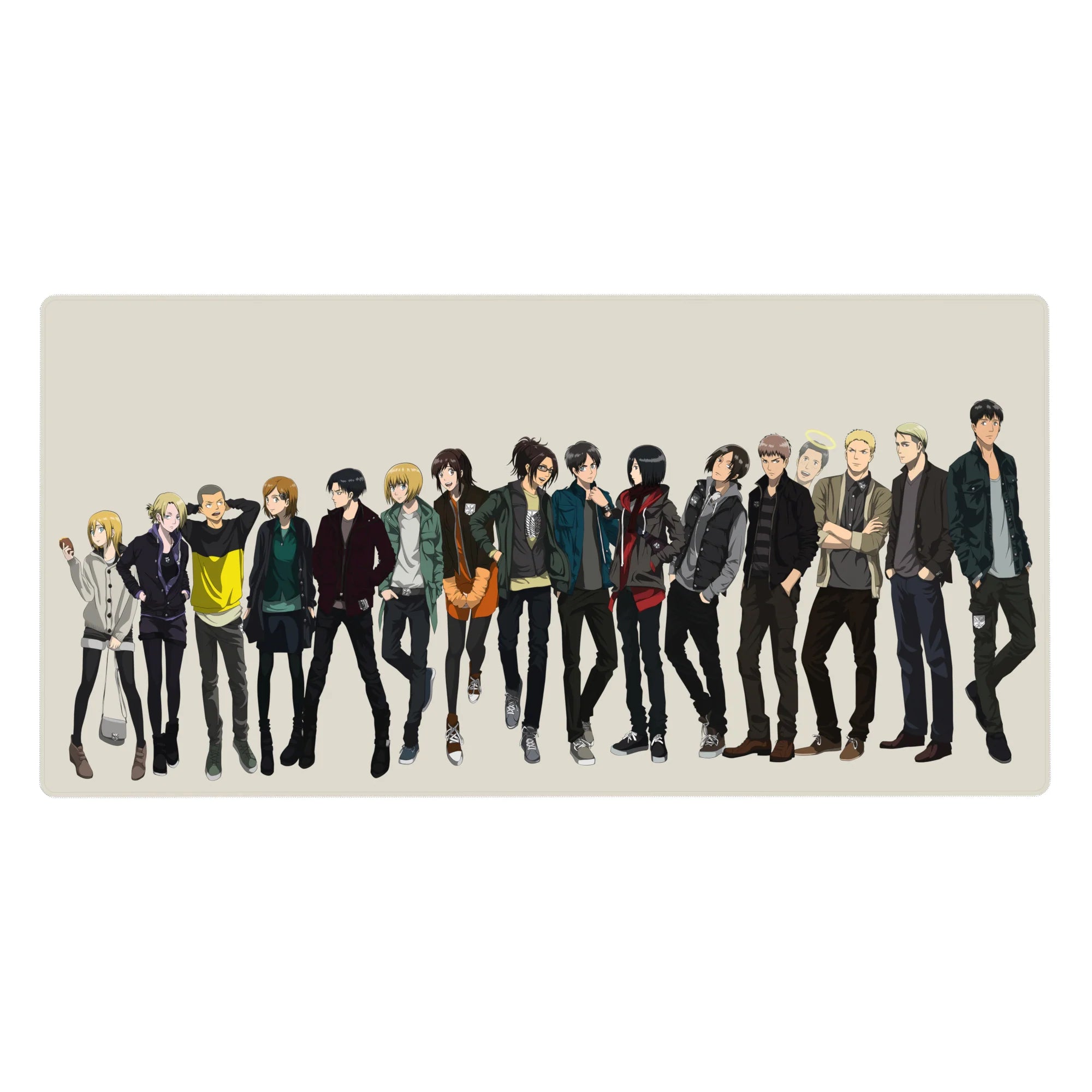 Attack on Titan desk pad featuring Mikasa, Levi, and Sasha in casual wear, 40x20 inches, perfect for anime fans.