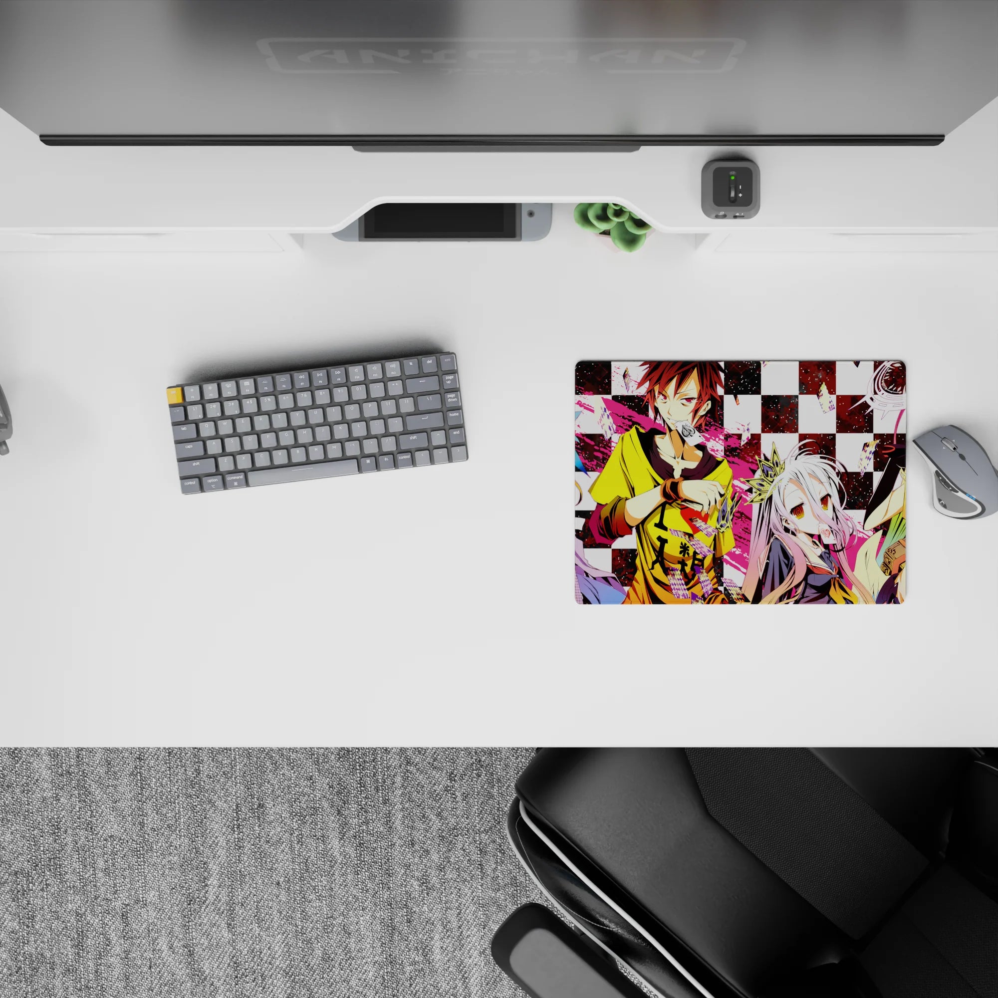 Pink splash over black-and-white grid, loud cute vibe classic anime mouse pad 14x10 inches.