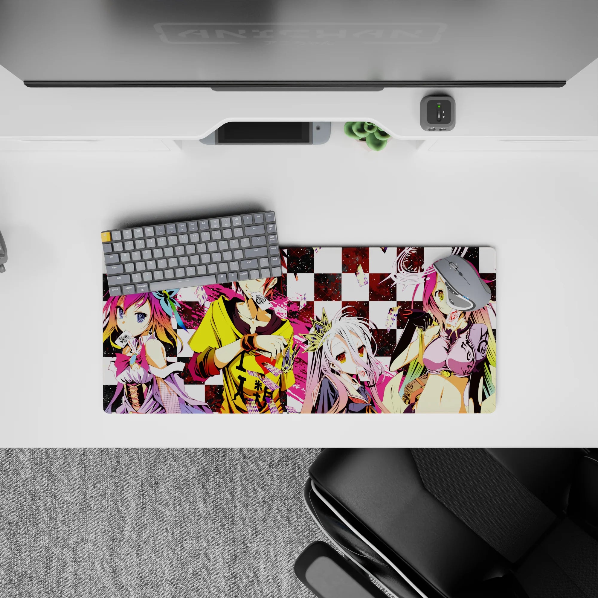 Pink splashes on black-and-white grid, loud cute vibe anime mouse pad 28x12 inches with crisp detail.