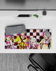 Pink splashes on black-and-white grid, loud cute vibe anime mouse pad 28x12 inches with crisp detail.