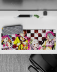 Pink splash and bold black-white anime mouse pad 32x12 inches, loud chaotic vibe with glossy-eyed characters.