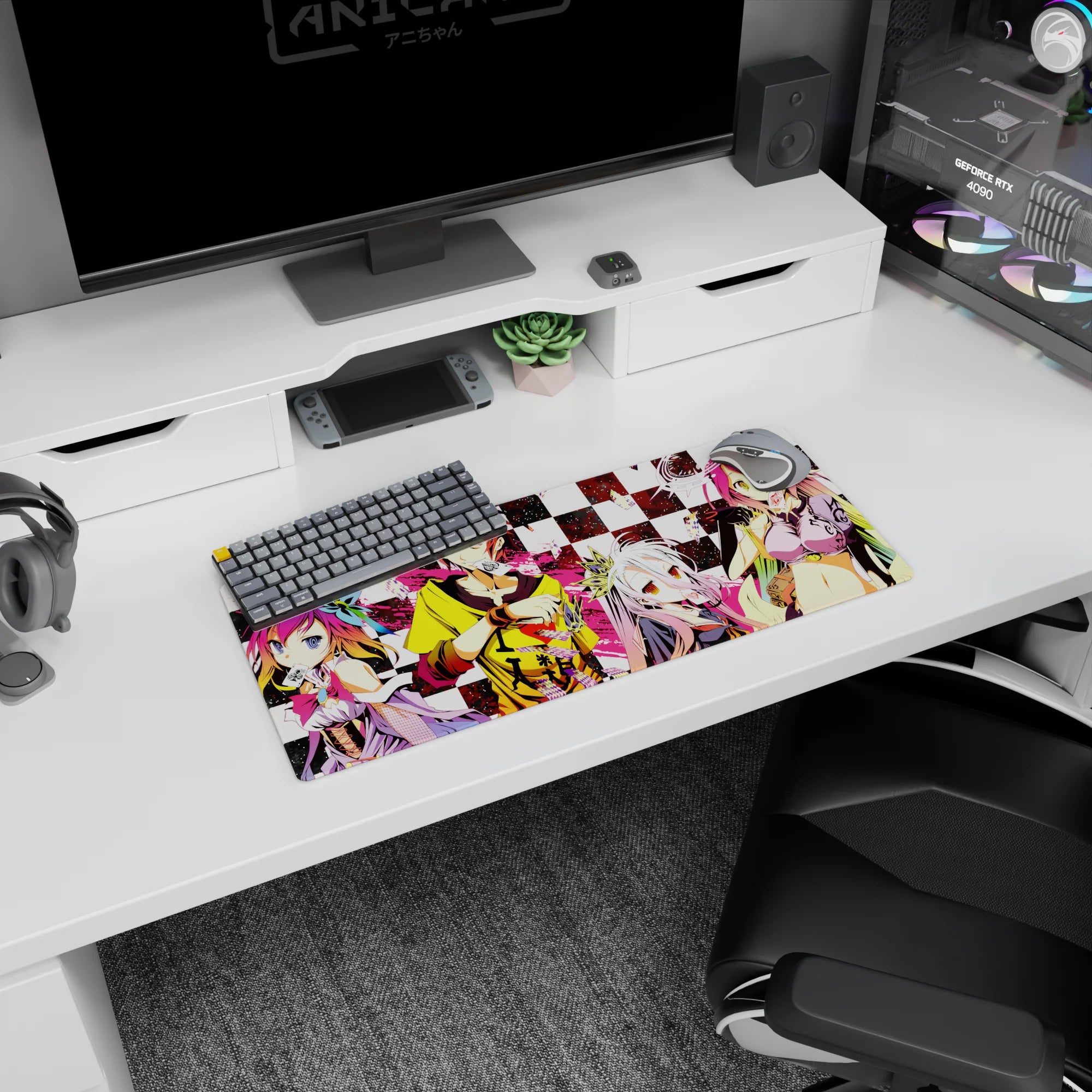 Sora and Shiro posing with cards, yellow hoodie and crown accents on anime mouse pad 28x12 inches.