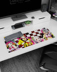 Sora and Shiro posing with playing cards on a 32x12 inches anime mouse pad, yellow hoodie and crown details.