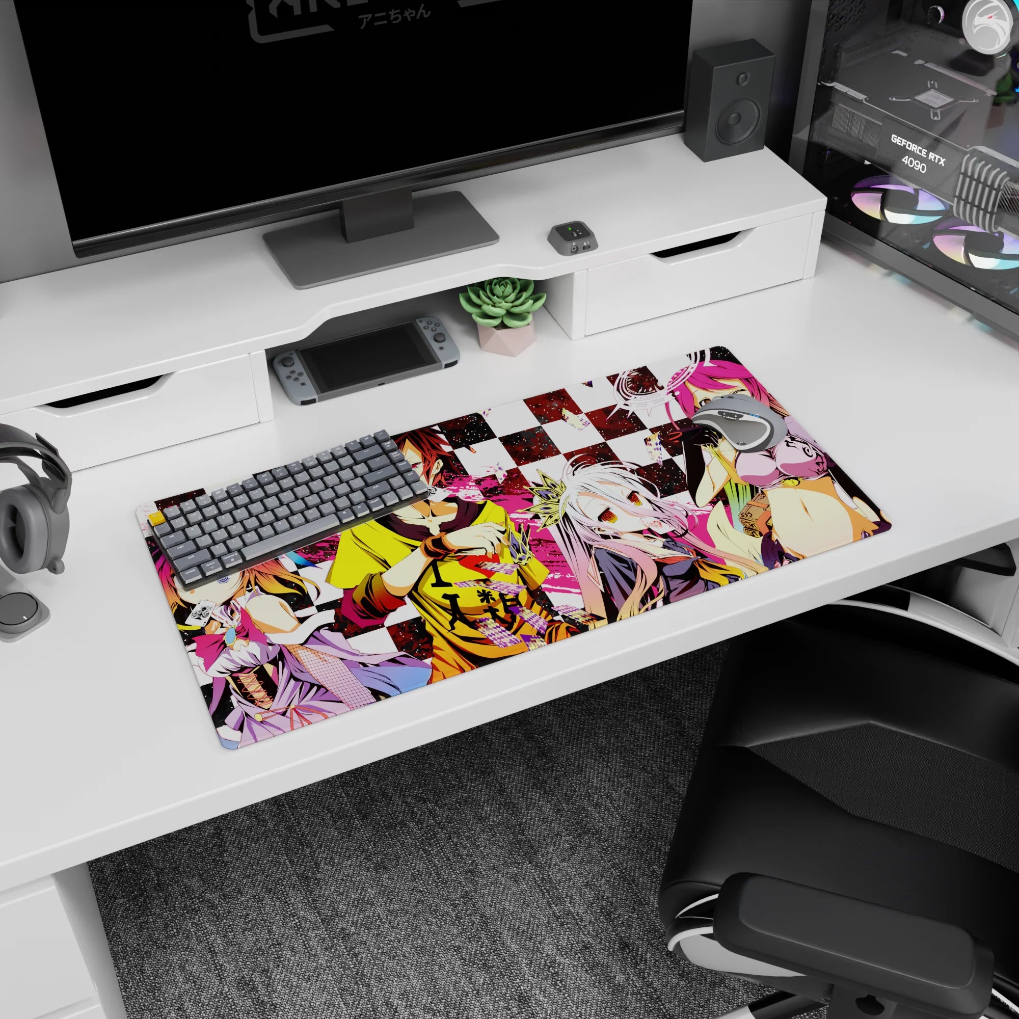 Sora and Shiro posing with playing cards on a 32x16 inches anime mouse pad, glossy eyes and bold outfits.