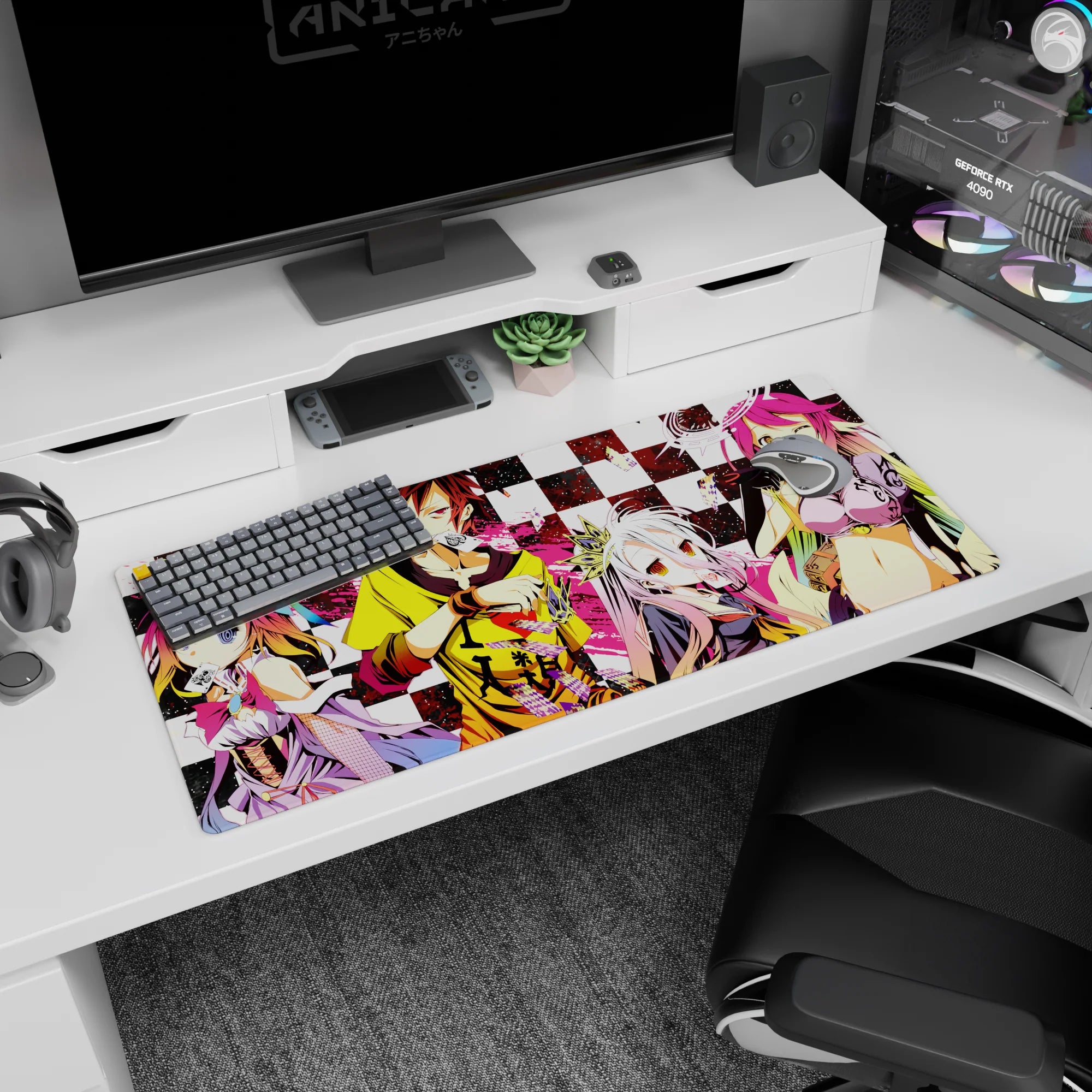 Sora and Shiro posing with playing cards, yellow hoodie and crown accents on 36x16 inches desk pad.